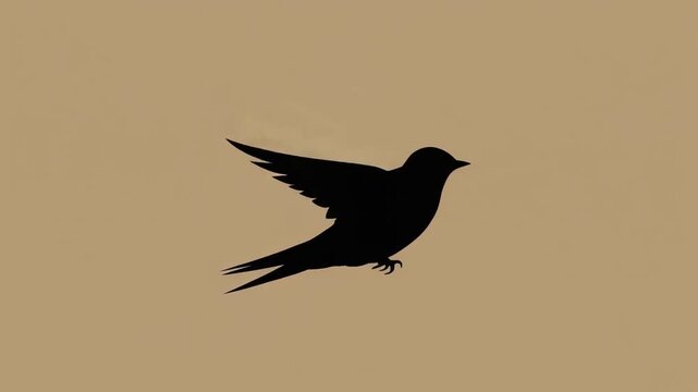Minimalist black silhouette of a graceful flying bird or swallow with wings spread wide isolated on a solid earthy neutral brown background