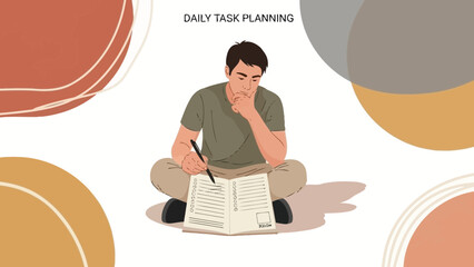 Young man planning daily tasks, writing in notebook, focused, organized, minimalist illustration