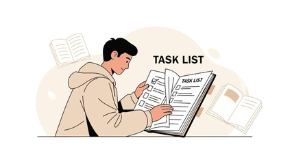 Young man reading a task list, planning and organization concept, vector illustration
