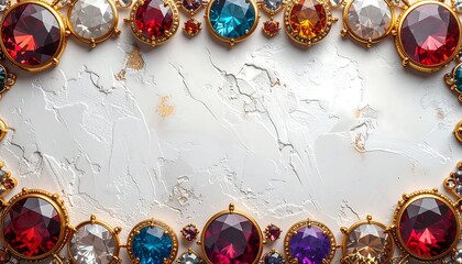 Ornate gold-framed jewels on a textured white background