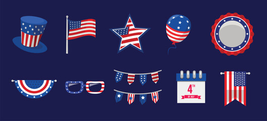 United states patriotic decoration icons set vector illustration for national celebration themes, american independence day vector icon set, 4th of july design elements