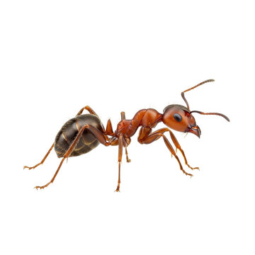 A single adult reddish-brown red wood ant (Formica rufa) standing still, macro photography, centered on a transparent background with shadowless lighting, a precise scientific study