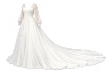 White wedding gown with long sleeves and a dramatic flowing train, perfect for a bride's special day. Transparent background