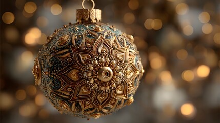 Luxury golden christmas bauble with intricate patterns hanging on a tree. Warm bokeh background with festive glowing holiday lights.