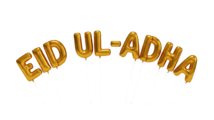 Eid ul-Adha gold foil balloon lettering in an arch for Islamic festival celebration and holiday greeting design on a transparent background