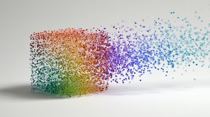 Abstract cube disintegrating into a vivid stream of rainbow-colored spheres on a white background