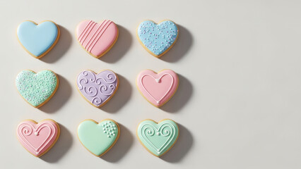Pastel colored heart cookies arranged in flat lay style, suitable for Valentine backgrounds and decorative designs.