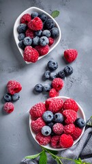 Overhead shot of raspberries and blueberries in white bowls