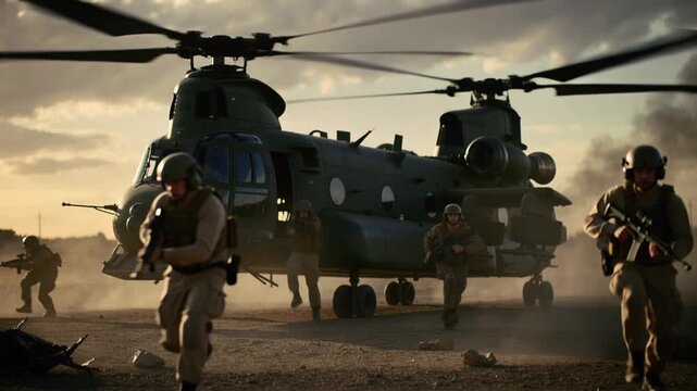 A military helicopter landed and dropped off a group of troops  and  moves tactically towards the combat zone.