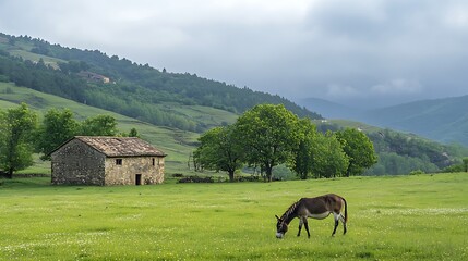A donkey grazing on a green meadow with an old house in the background