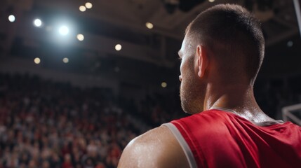 The athlete stands poised on the basketball court, wearing a vibrant red jersey. Behind him, the crowd cheers loudly, creating an electrifying atmosphere as the game unfolds