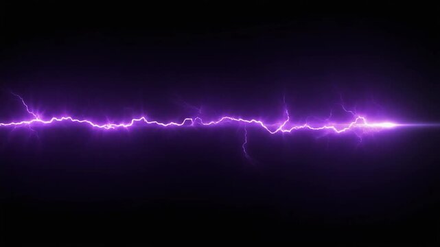 Dynamic purple lightning horizontal electric discharge effect glowing high voltage energy beam on a dark abstract cosmic black background thunder flash digital rendering
