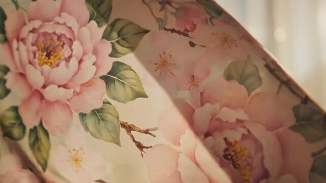 Cinematic slow motion footage featuring soft delicate floral patterns elegantly drifting to create a serene calm and tranquil botanical atmosphere for an aesthetic artistic background visual.