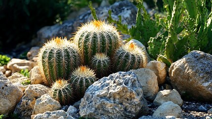 A garden landscape with espostoa cactus growing in clumps of white hairs