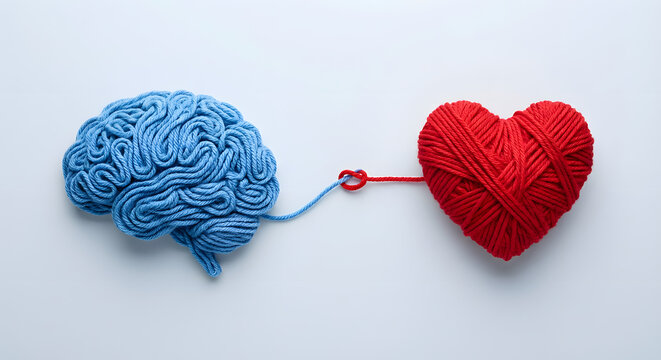 Human brain and heart made of blue and red yarn connected by a single thread on a white background representing the connection between logic and emotion or mental health balance