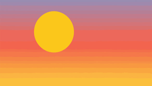 Vibrant minimalist sunset vector background with a yellow sun over abstract layered horizon lines in purple orange and pink