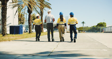 Logistics, team and back with people outdoor for inventory management, delivery planning or export. Shipping schedule, distribution supervisor or collaboration with employees walking at warehouse