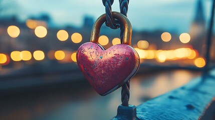 A heart shaped lock hangs on a bridge