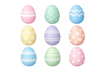 Easter eggs collection showing pastel colors and various patterns for spring holiday celebrations, transparent background