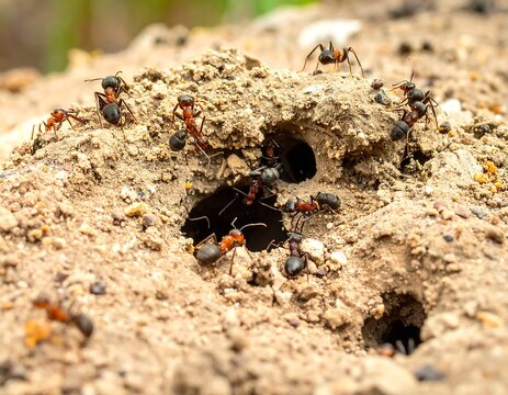 Close-up of ants around a sandy entrance to an anthill