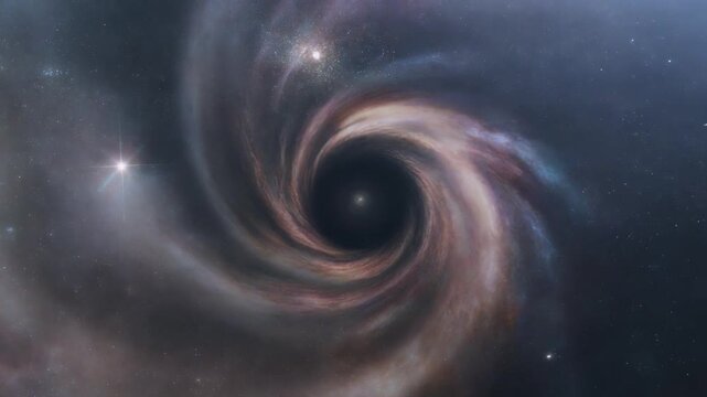 Epic cosmic illustration of a gravitational singularity forming a massive black hole vortex in the center of a swirling spiral galaxy background