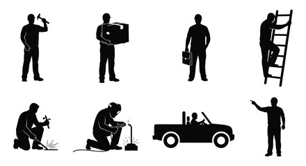 Silhouettes of various workers and professionals engaged in different tasks