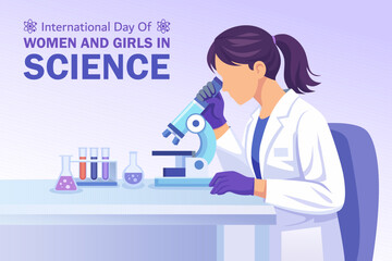 International Day of Women and Girls in Science illustration with female scientist using a microscope in a laboratory. Flat vector design.
