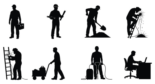 Silhouettes of construction workers and office personnel performing various tasks