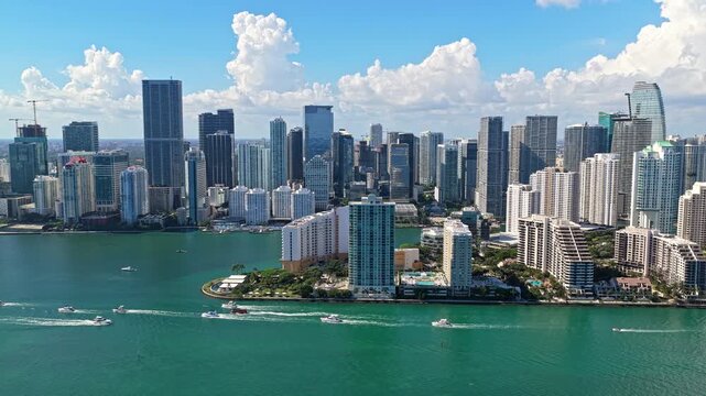 Aerial view of Miami cityscape skyscraper. City skyline aerial cityscape. Brickell Key downtown, 4k. Cityscape of Miami downtown. Florida modern skyscraper in downtown Miami. Aerial view
