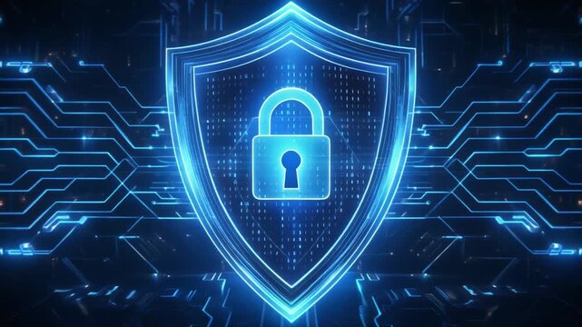 Digital Cyber Security Shield Icon Glowing Blue Padlock Symbol Protecting Data on Futuristic Circuit Board Background