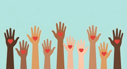 diverse multicultural hands of different skin tones raised up with red hearts on palms representing unity community volunteering charity social support and global cooperation