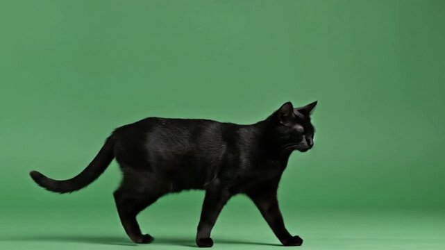 Black Cat Walking on Green Sceen