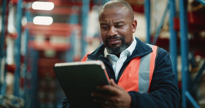 Shipping, warehouse and man with tablet, online and inventory for supply chain, stock and logistics. Factory, mature operations manager and black person with tech for distribution and production