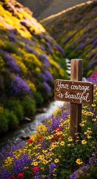 Inspirational Wooden Sign Amidst a Vibrant Wildflower Meadow.