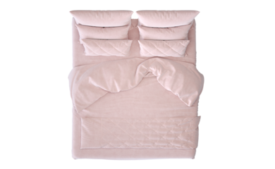  Top view on Pink fabric Bed with white blanket fabric modern contemporary isolate on white background.