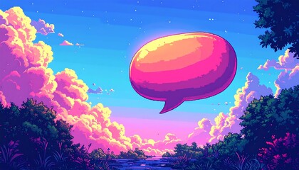 Pixelated anime landscape with a talk bubble floating in the sky