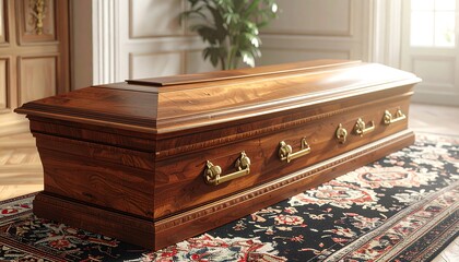 Polished wooden casket sits on ornate rug in sunlit room
