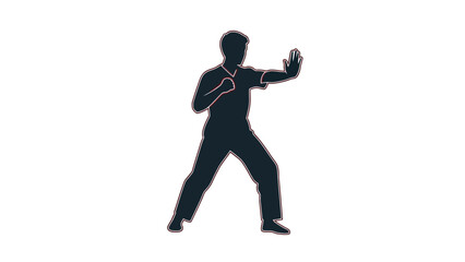 A dark blue silhouette of a person in a defensive martial arts stance with defensive stance on white background