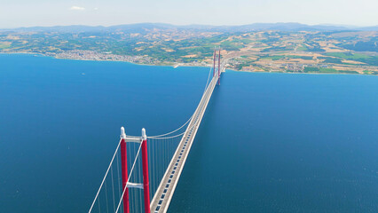 Lapseki, Turkey. Canakkale Bridge sunny day. Majestic suspension bridge over the Dardanelles strait...