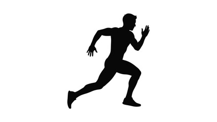 A black silhouette of a man running quickly with fitness and sport and athletics on white background