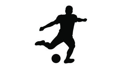 Black silhouette of a man kicking a soccer ball with sports and fitness on white background