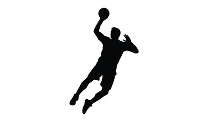 A silhouette of a man in mid air throwing a ball with his right hand with sport on white background