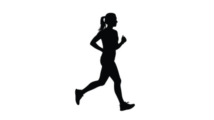Silhouette of a woman running in motion with ponytail with fitness and exercise on white background