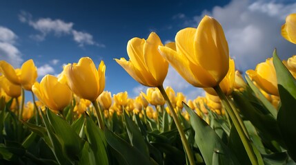 Obraz premium Yellow Tulips Bloom Under Blue Cloudy Sky