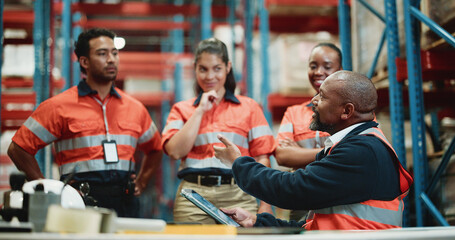 Logistics, tablet and manager with people in warehouse for inspection checklist, cargo storage and freight. Supply chain inventory, distribution advisor and online report with employees in factory