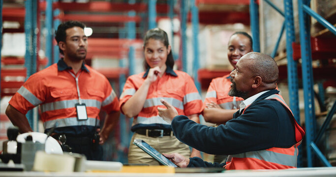Logistics, tablet and manager with people in warehouse for inspection checklist, cargo storage and freight. Supply chain inventory, distribution advisor and online report with employees in factory - Powered by Adobe