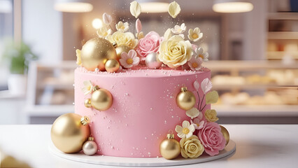 Beautiful pink cake with gold ornaments and flowers on a white table