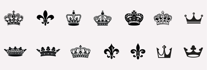 Royal crown icon set, black silhouette crowns, luxury tiaras, vector graphic collection, regal symbols, monarchy design, elegant emblem pack.  © Afsar