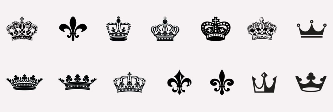 Royal crown icon set, black silhouette crowns, luxury tiaras, vector graphic collection, regal symbols, monarchy design, elegant emblem pack.
