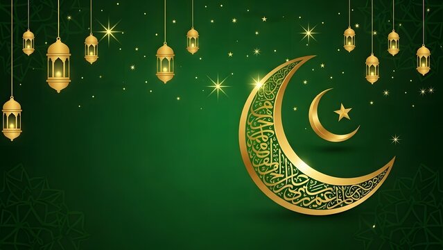 Golden crescent moon hanging with ornate lanterns celebrating ramadan or eid al fitr